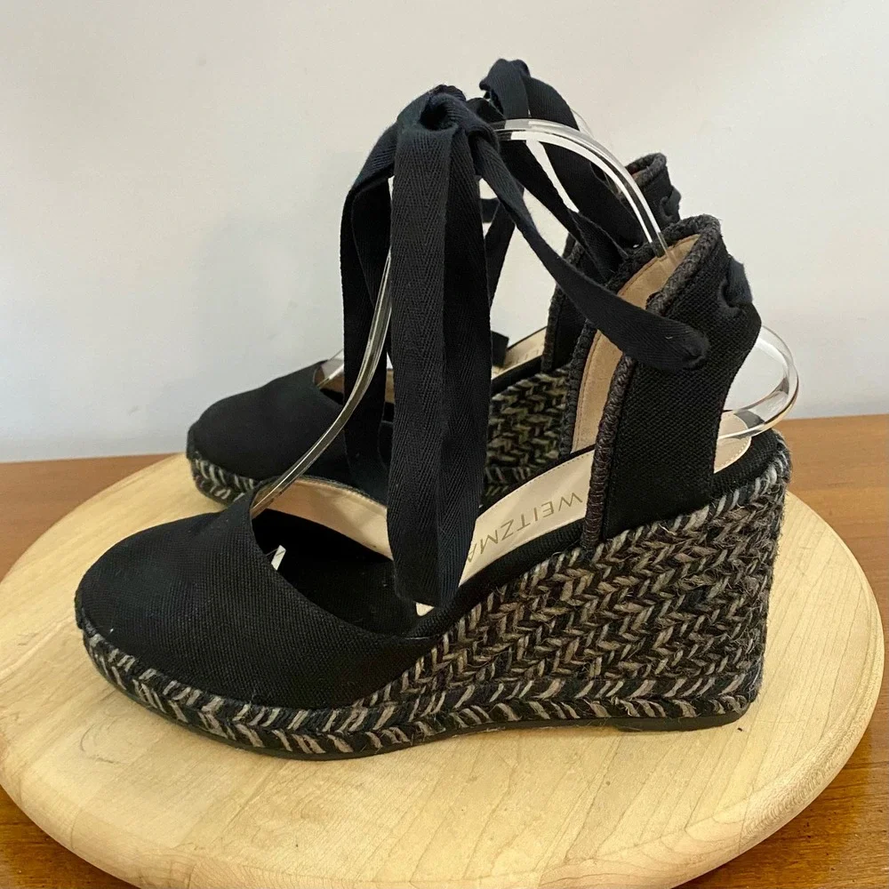 Stuart Weitzman Marguerita Espadrille Wedge Sandals Black Ankle Tie Wrap Sz 8.5C